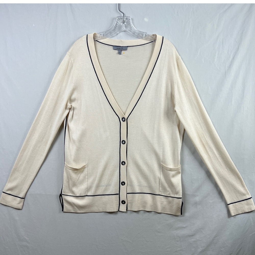 Classiques Entier Cardigan Women L Cream Silk Cashmere Navy Trim V-Neck Pockets